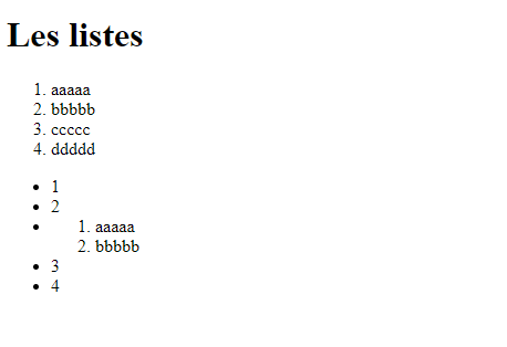 Page html comportant une liste ordonné et une liste à point avec une liste ordonné dedans le 3ieme points