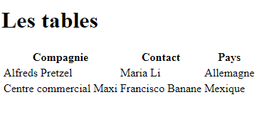 Site web montrant une table de 3 colonnes, 2 rangés. Stockant les données d'une compagnie
